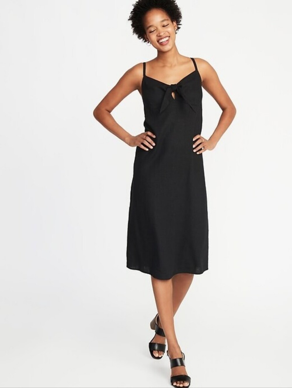 Old Navy Black Tie Front Linen Blend Spaghetti Strap Midi Dress Size Large TALL